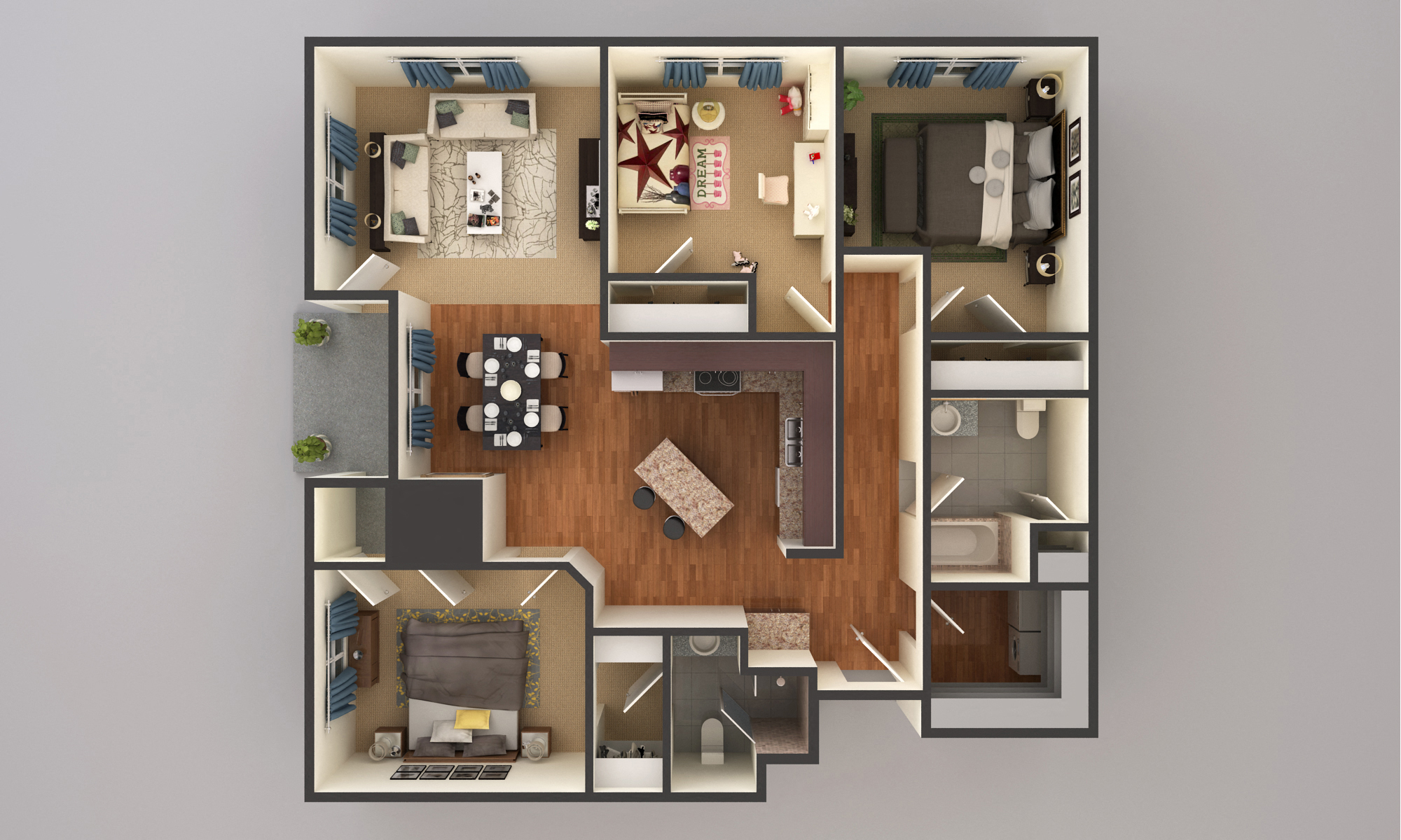 Floor plan for 3 beds, 2 baths, 1550 sqft
